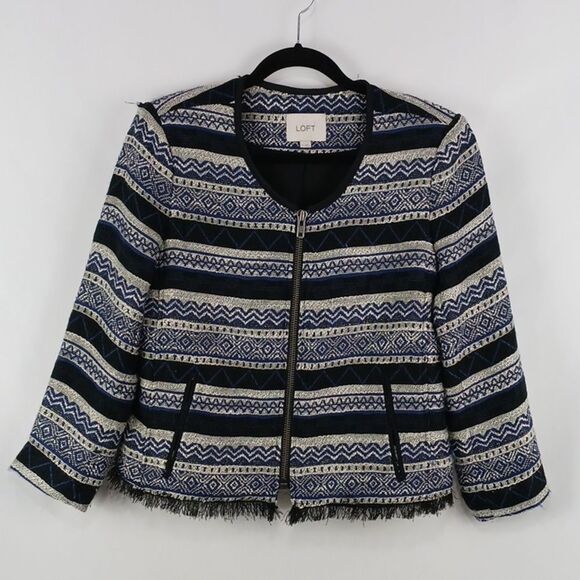Loft Blue Striped Print Zip Jacket. - Picture 1 of 9